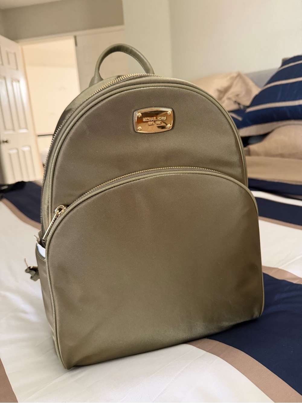 Michael Kors Olive Nylon Backpack with Gold Plaque